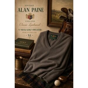 Vintage Alan Paine Classic Lambswool V Neck Golf Sweater Made In England XL